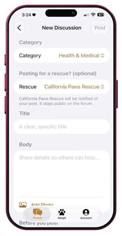 The Bull Terrier Rescue Network app on an iPhone: a new forum post in Health & Medical, sent to California Paws Rescue