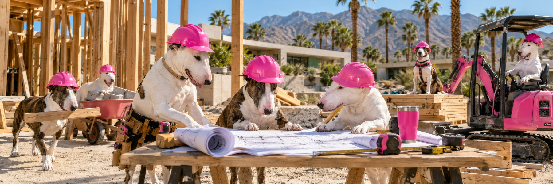 Bull terriers in pink hard hats studying blueprints at a desert construction site